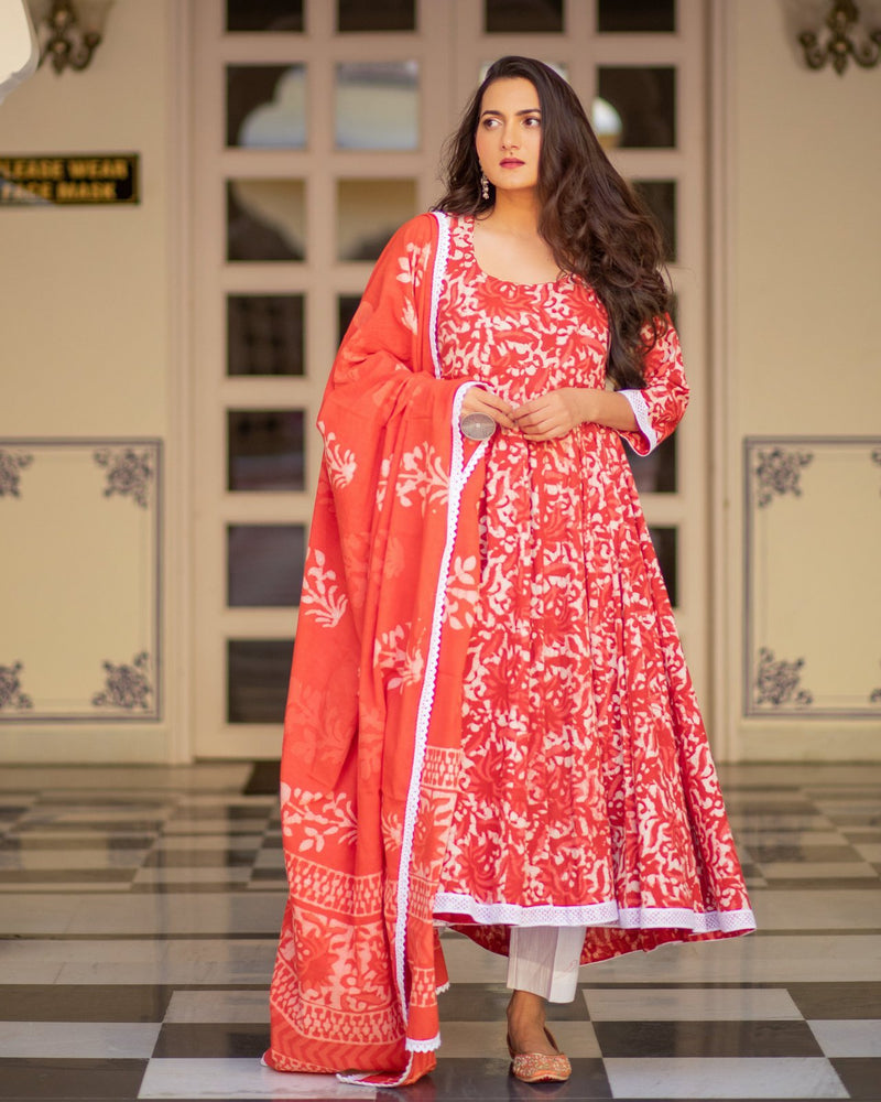 Red Dabu Print Cotton Dress Set