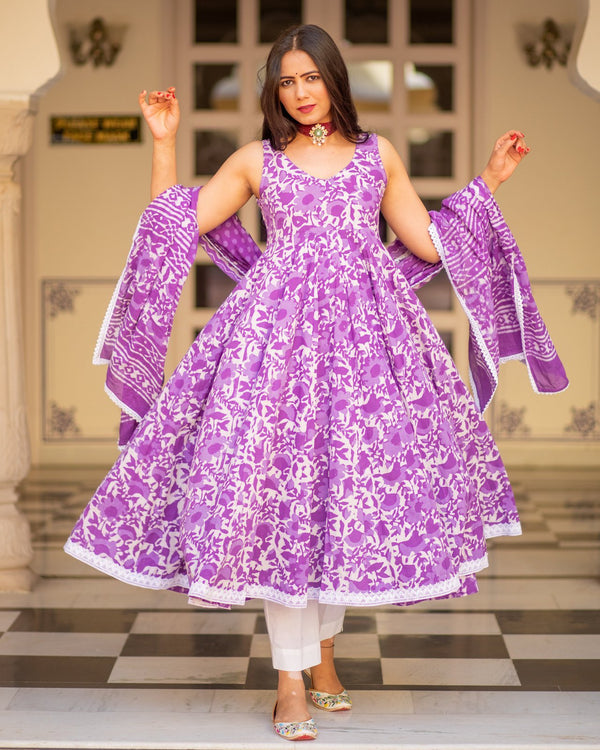 Purple Dabu Print Cotton Dress Set