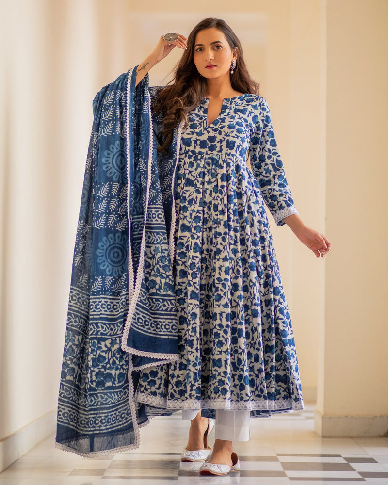 Buy Indigo Dabu Print Cotton Dress Set | Baisacrafts