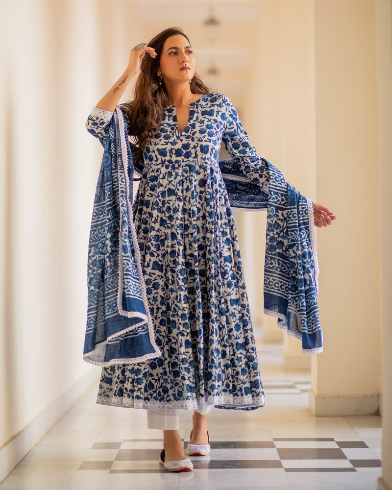 Buy Indigo Dabu Print Cotton Dress Set | Baisacrafts