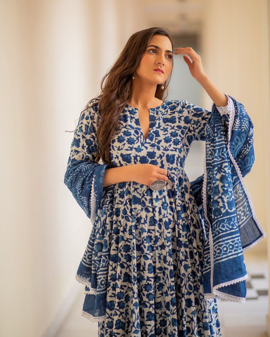 Indigo Dabu Print Anarkali Suit