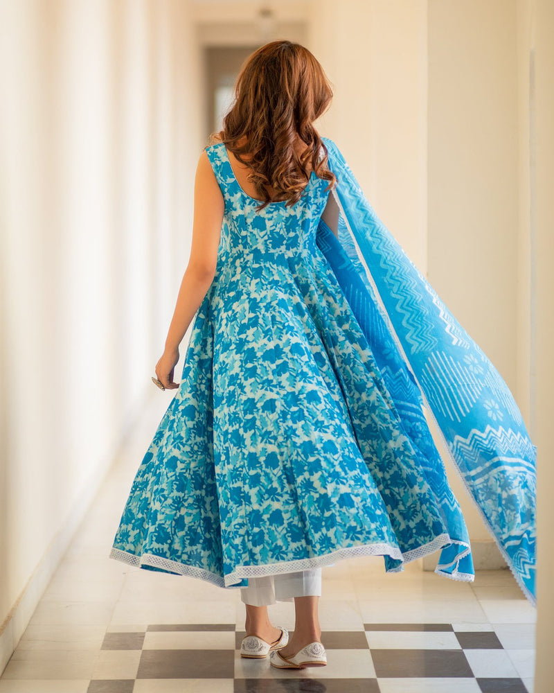 Turquoise Dabu Print Cotton Dress Set