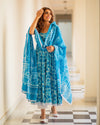Turquoise Dabu Print Cotton Anarkali Suit