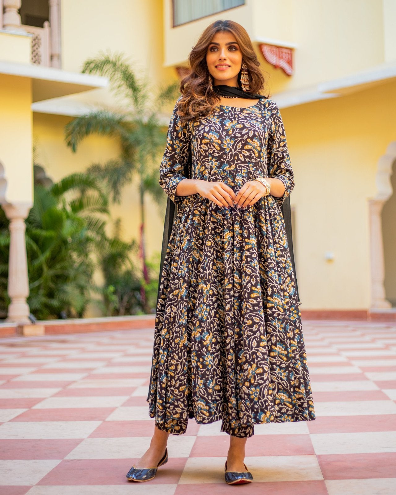 Black Orange Jaipuri Print Anarkali Suit