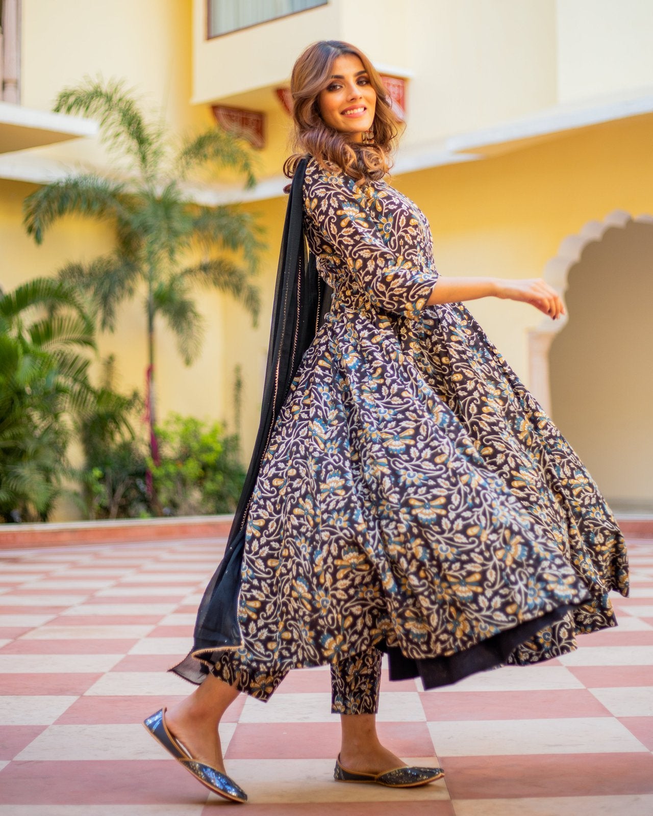 Black Orange Jaipuri Print Anarkali Suit