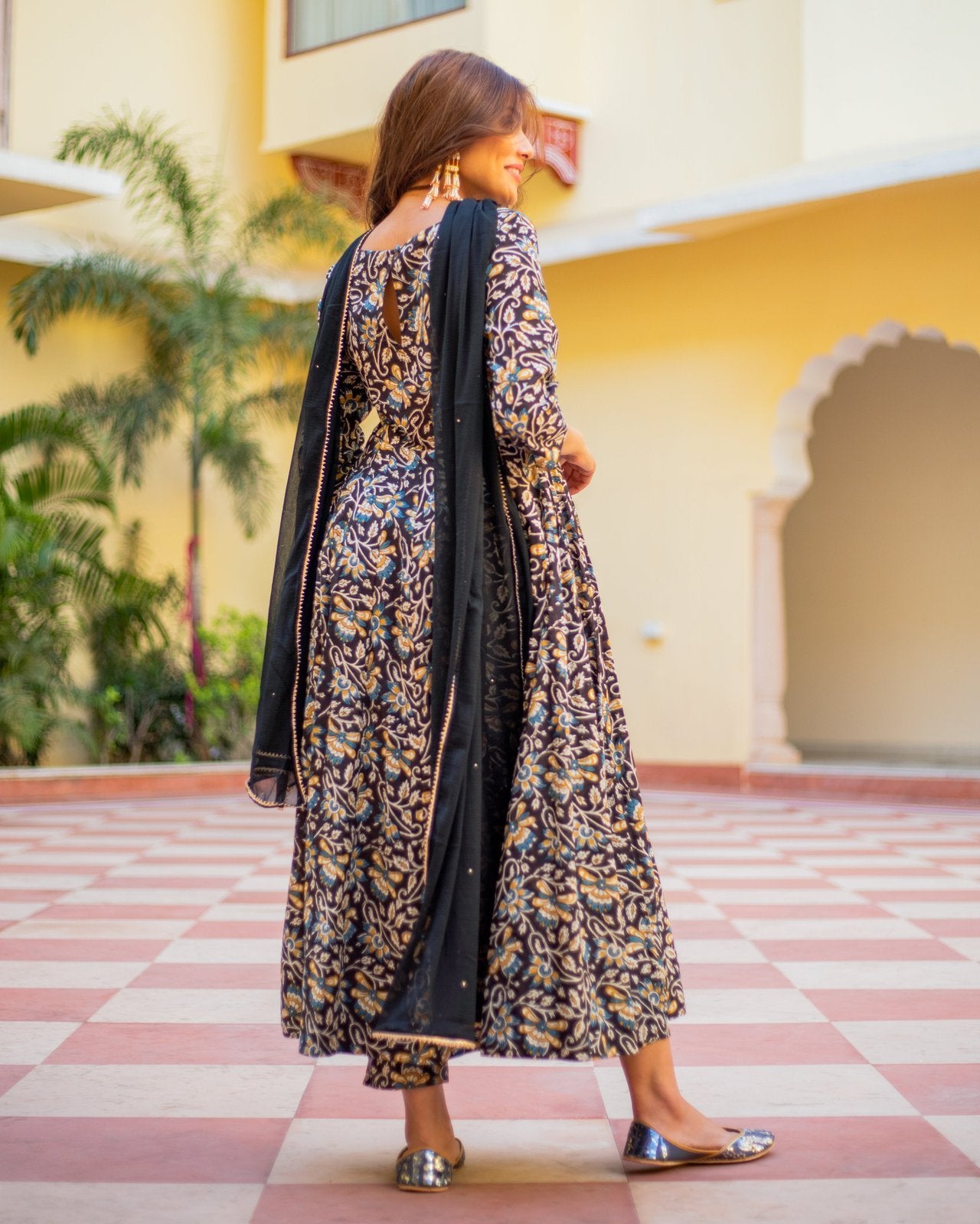 Black Orange Jaipuri Print Anarkali Suit