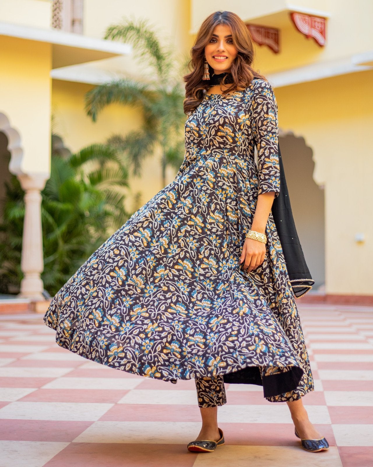 Black Orange Jaipuri Print Anarkali Suit