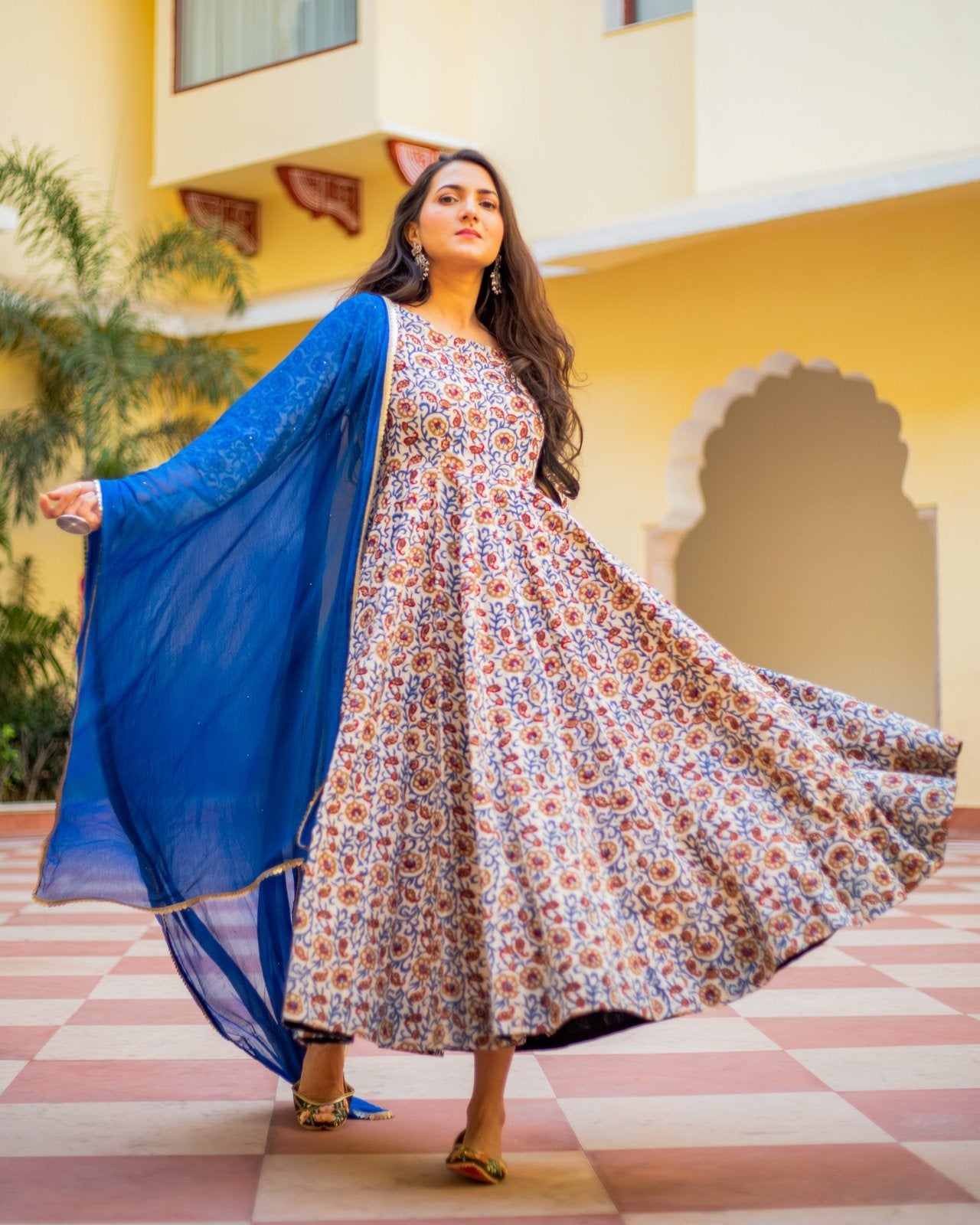 Indigo & Beige Jaipuri Print Anarkali Suit