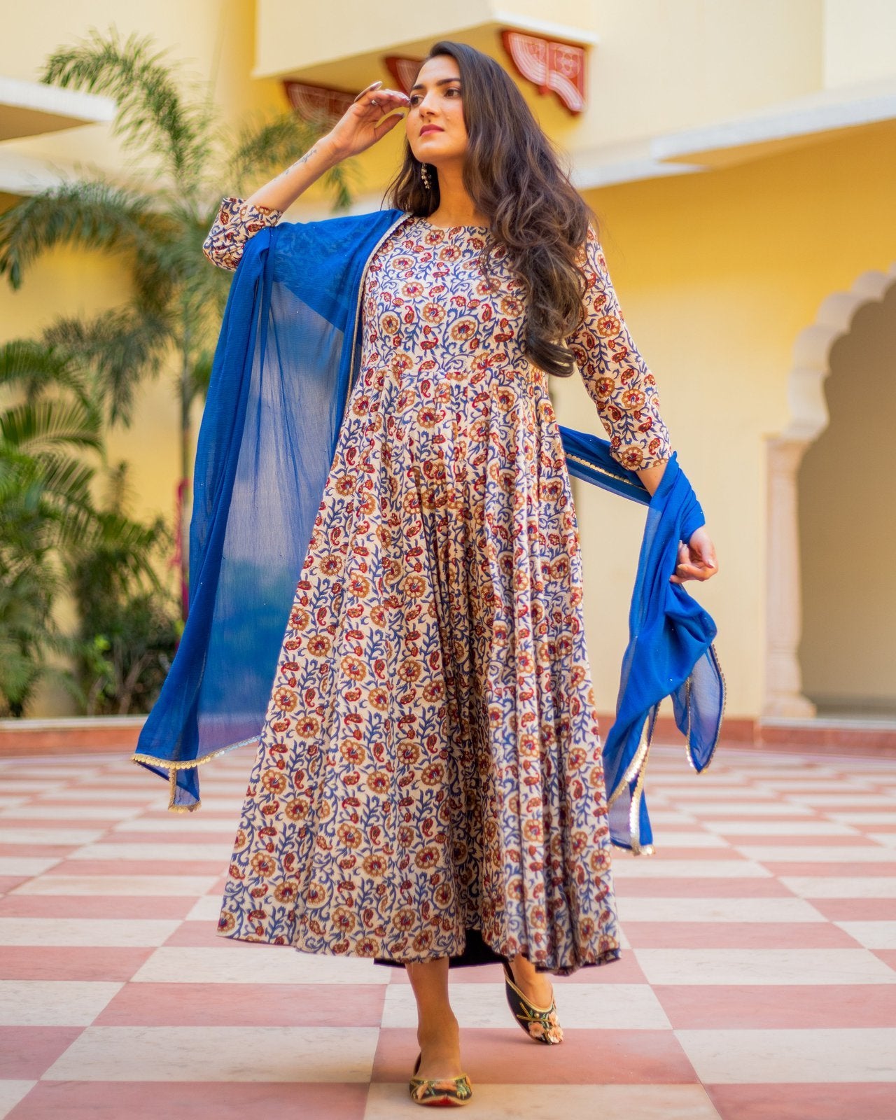 Indigo & Beige Jaipuri Print Anarkali Suit
