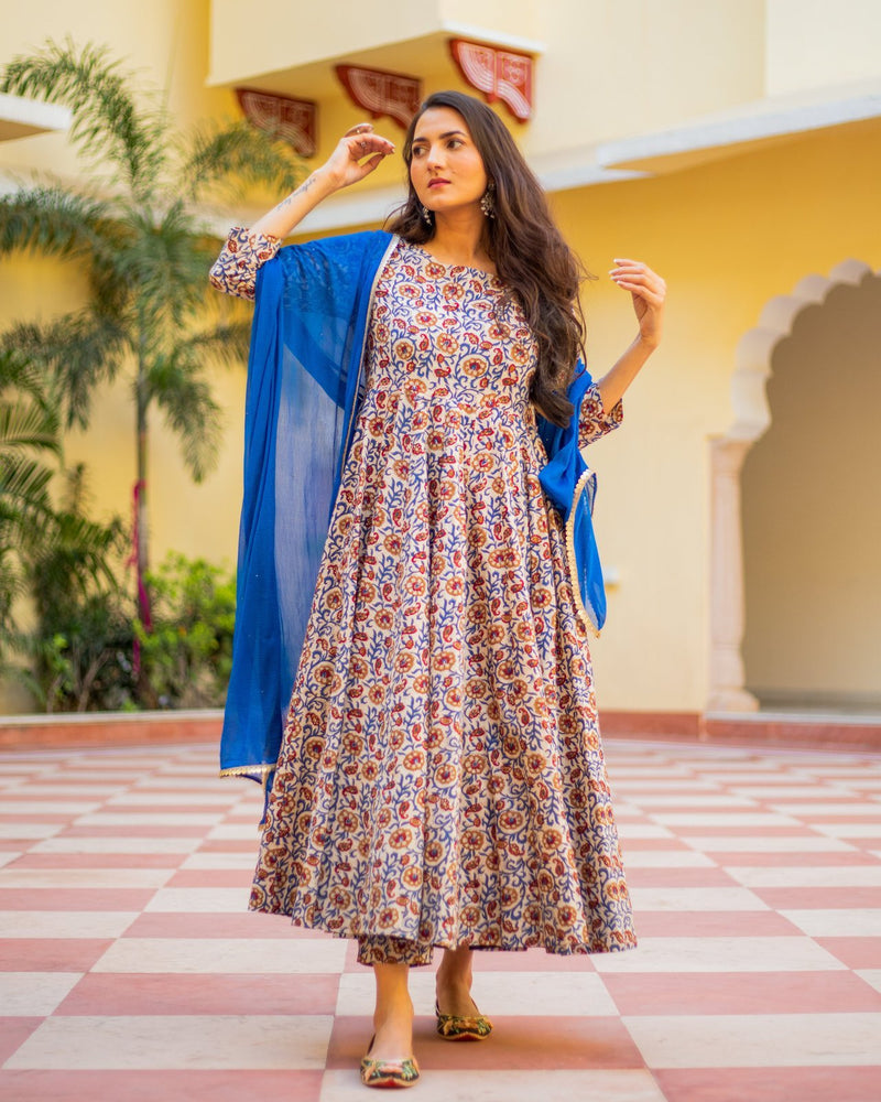 Indigo Orange Bagru Print Dress Set