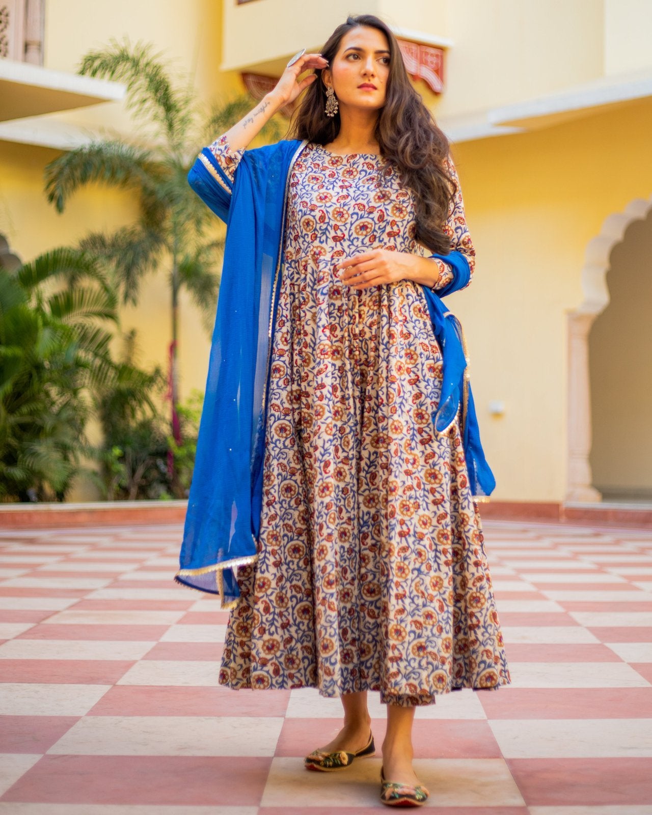 Indigo & Beige Jaipuri Print Anarkali Suit