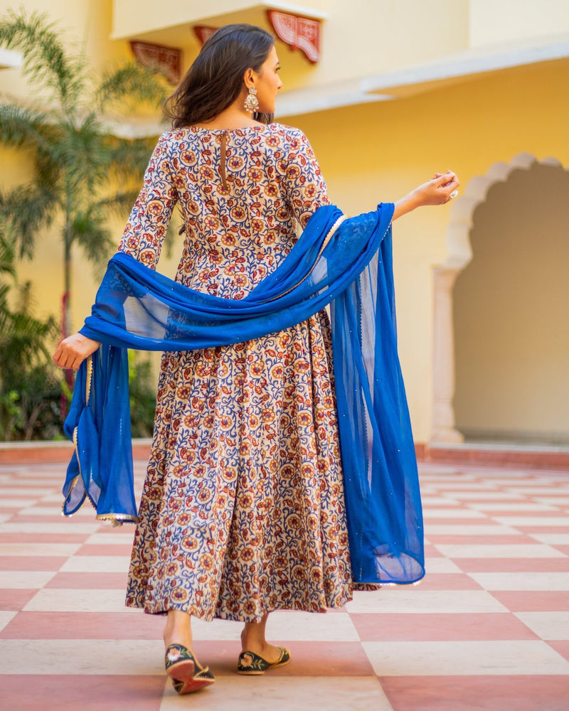 Indigo Orange Bagru Print Dress Set