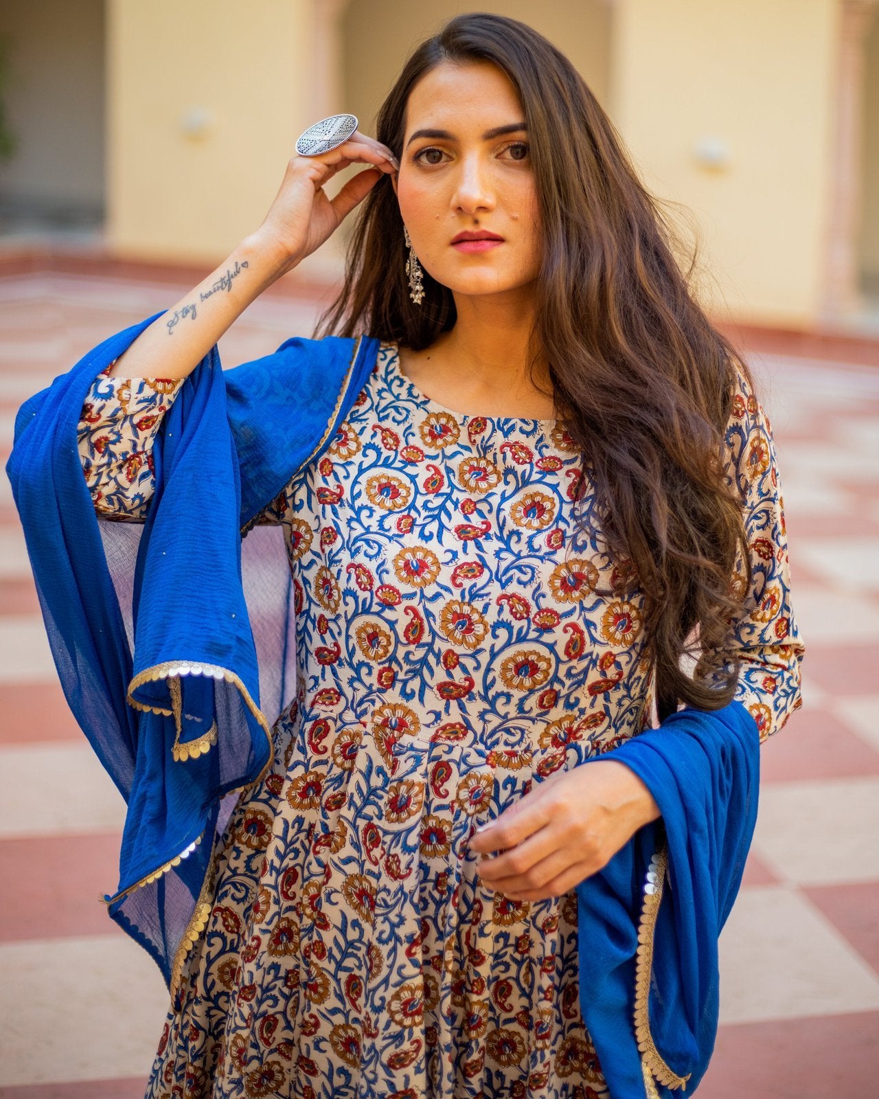 Indigo & Beige Jaipuri Print Anarkali Suit