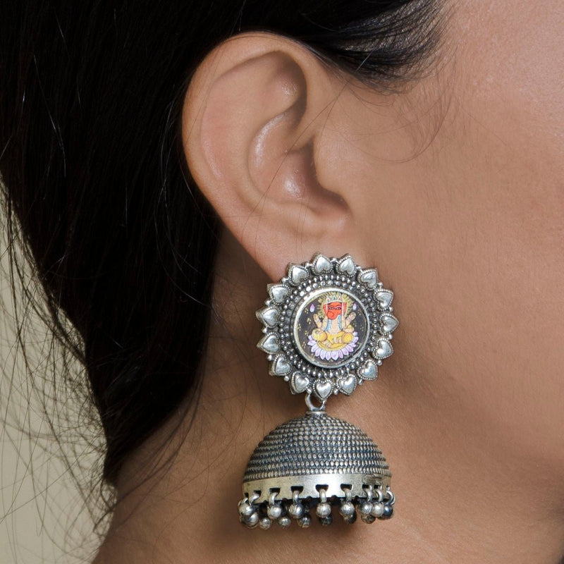 Ganesha Motif Painting Silver Handcrafted Jhumka Earrings
