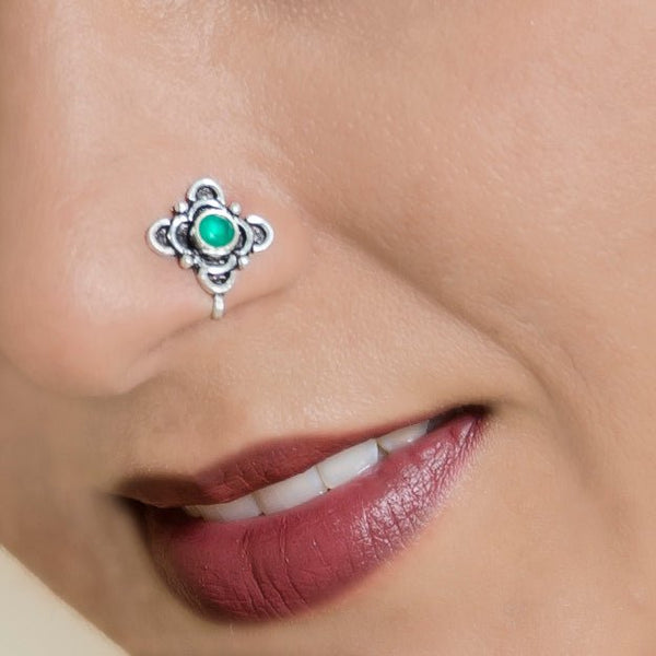 Silver Handcrafted Green Enamelled Nose Clip