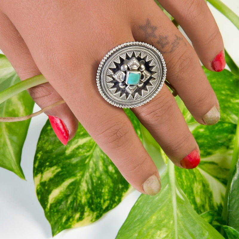 Turquoise Enamelled Silver Tribal Ring