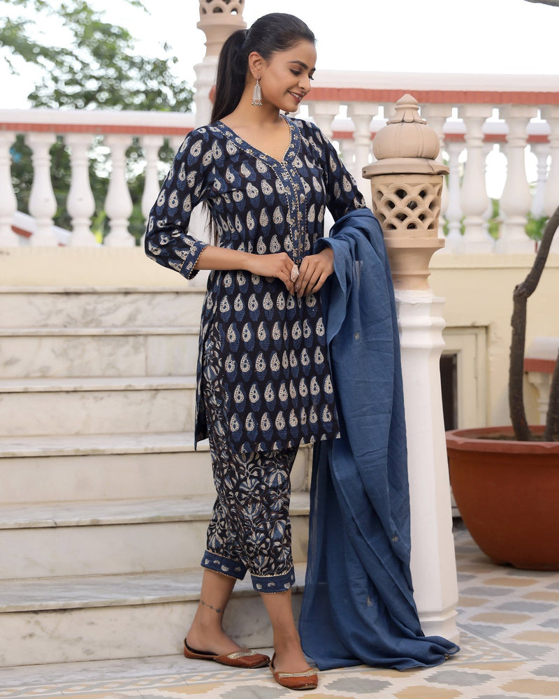 Dishy Bagru Print Straight Kurta Pant Set ( Set of 3 )