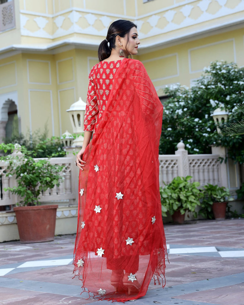 Freesia Ajrakh Hand Block Printed Anarkali Set (Set of 3)