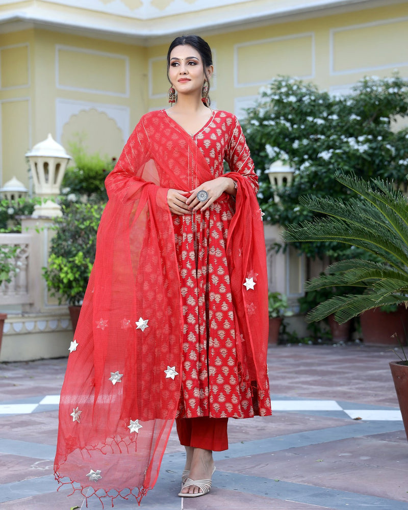 Freesia Ajrakh Hand Block Printed Anarkali Set (Set of 3)