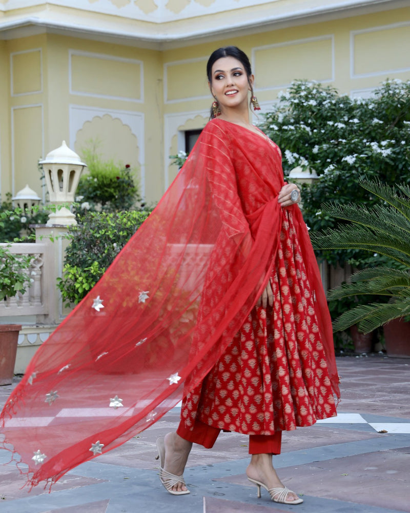 Freesia Ajrakh Hand Block Printed Anarkali Set (Set of 3)