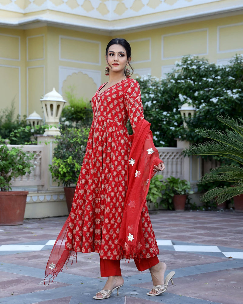 Freesia Ajrakh Hand Block Printed Anarkali Set (Set of 3)