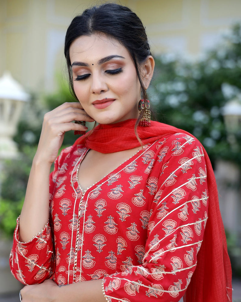 Freesia Ajrakh Hand Block Printed Anarkali Set (Set of 3)