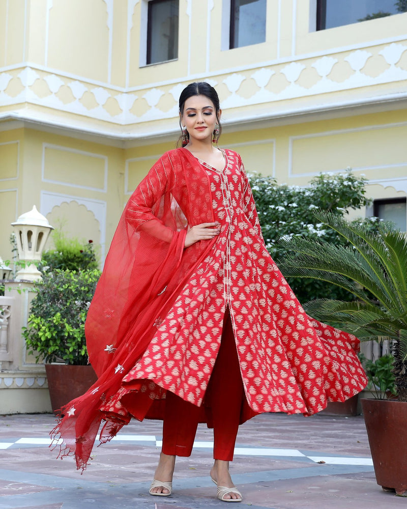 Freesia Ajrakh Hand Block Printed Anarkali Set (Set of 3)