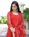 Rose Red Gold Handblock Anarkali Set (Set of 3)