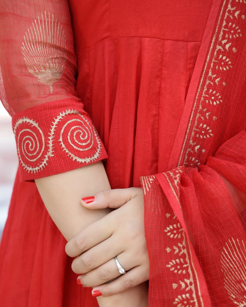 Rose Red Gold Handblock Anarkali Set (Set of 3)