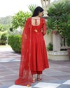 Rose Red Gold Handblock Anarkali Set (Set of 3)