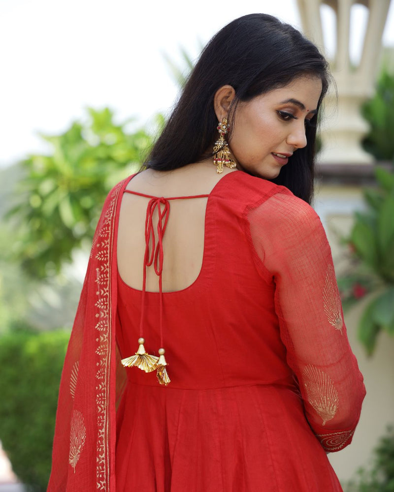 Rose Red Gold Handblock Anarkali Set (Set of 3)