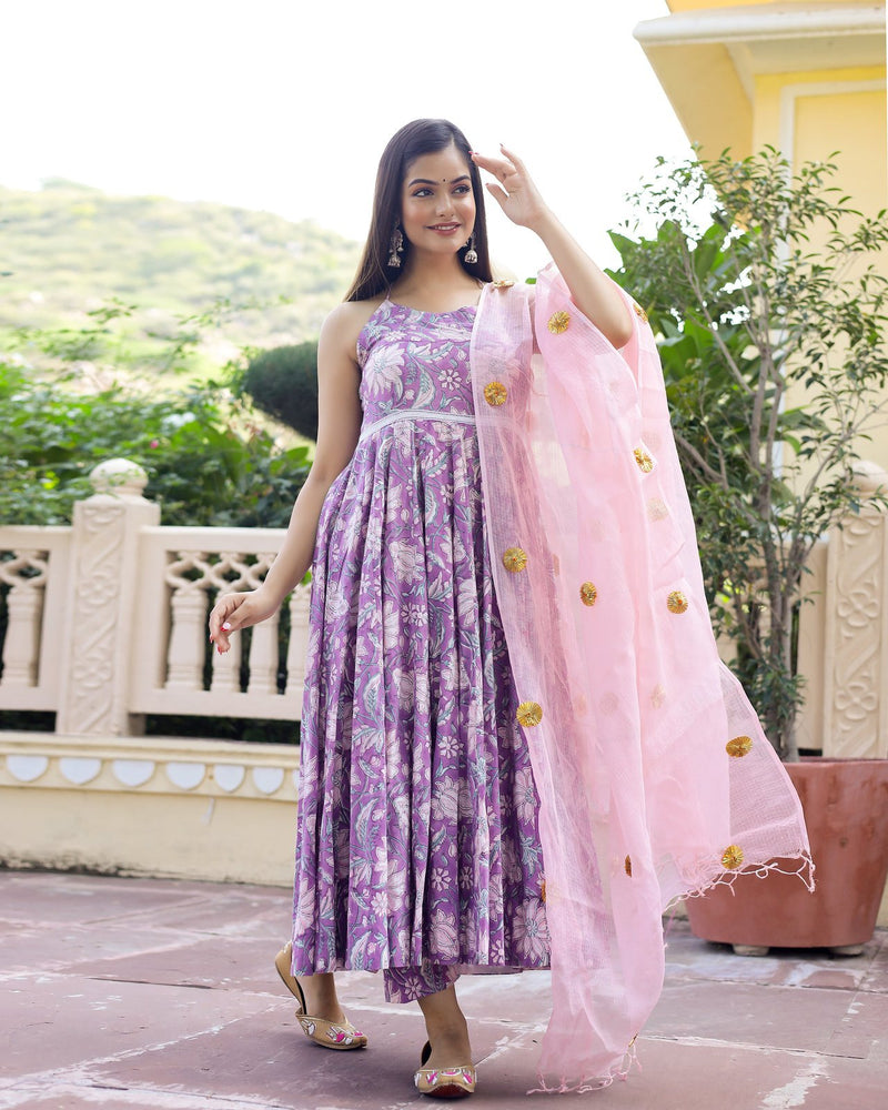 Lavender Hand Block Printed Anarkali Set (Set of 3)
