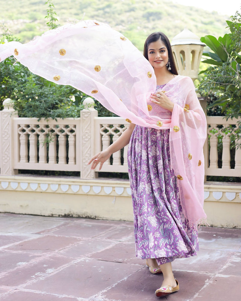 Lavender Hand Block Printed Anarkali Set (Set of 3)