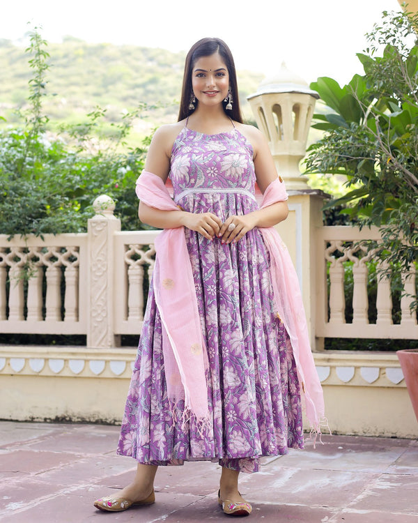 Lavender Hand Block Printed Anarkali Set (Set of 3)