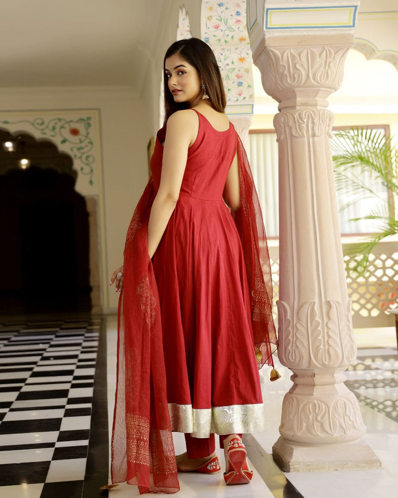 Crimson Red Gold Handblock Anarkali Set (Set of 3)