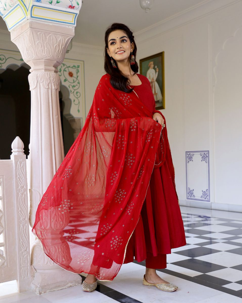 Red Solid Anarkali Suit With Dupatta