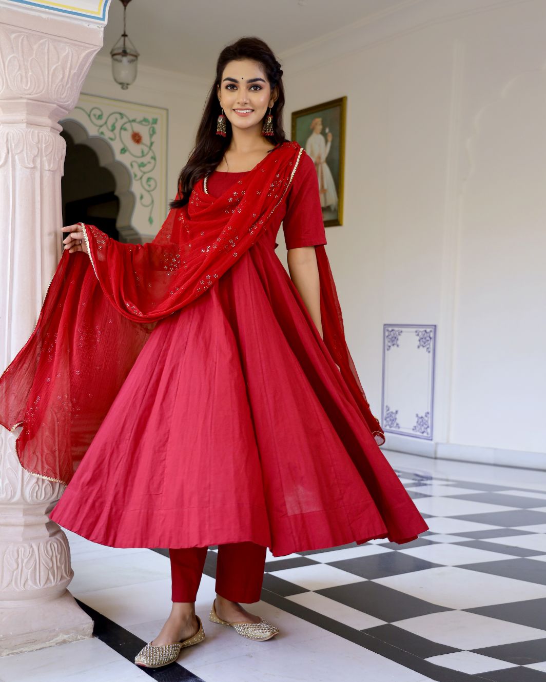 Red Solid Anarkali Suit With Dupatta