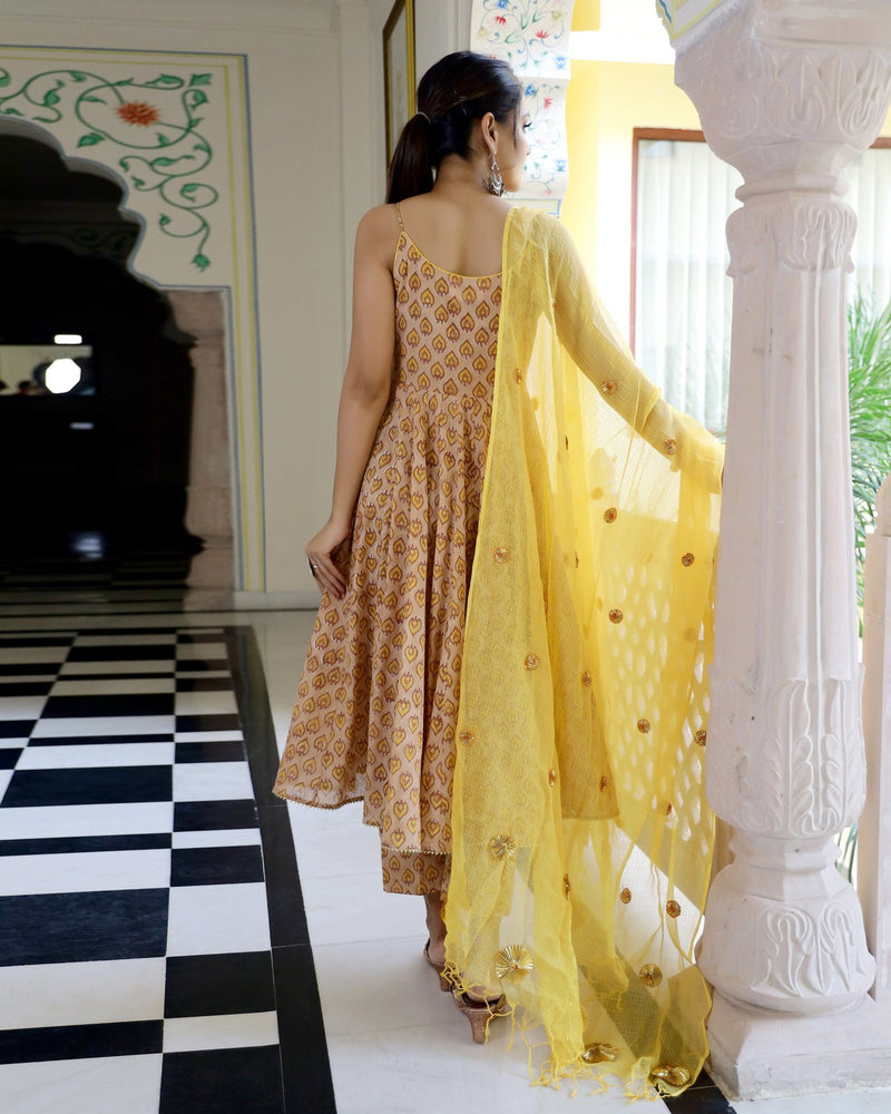 Mimosa Sanganeri Hand Block Printed Anarkali Set (Set of 3)
