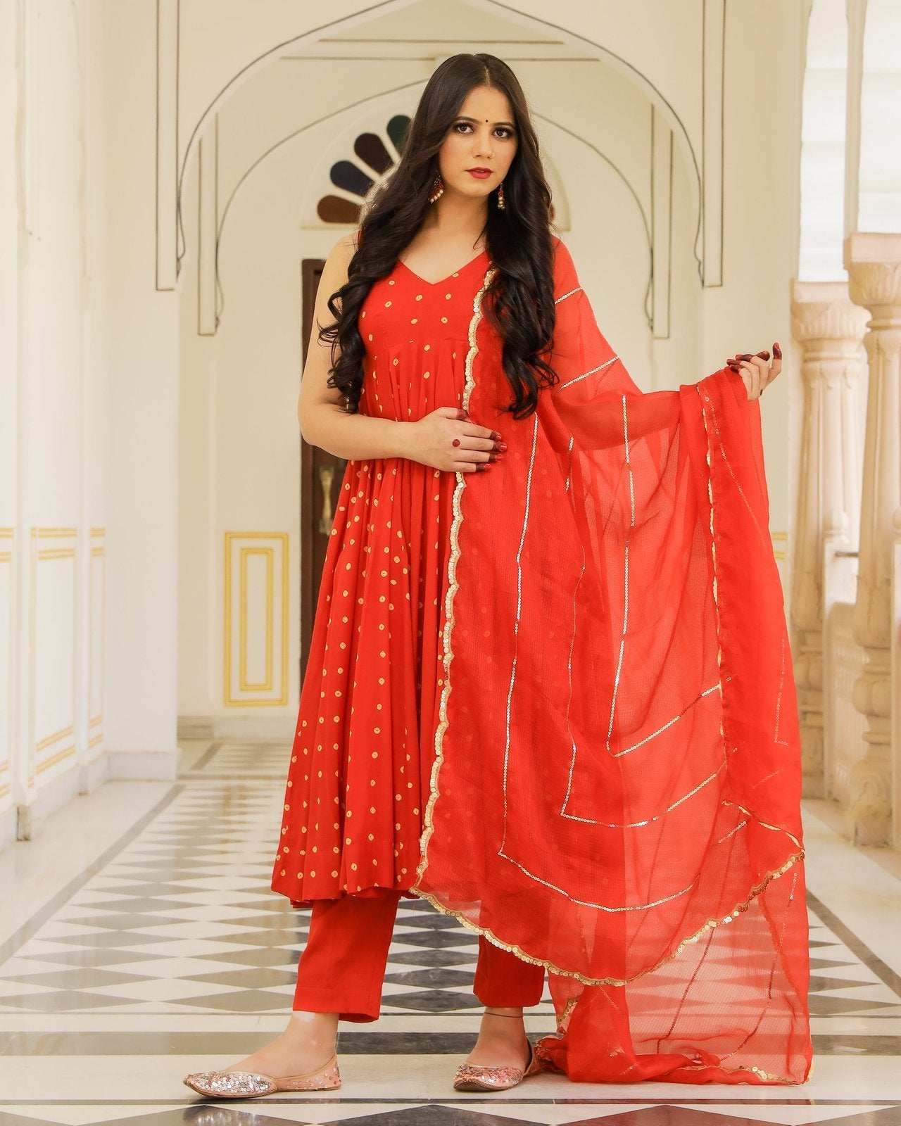 Red Bandhej Sleeveless Anarkali Suit