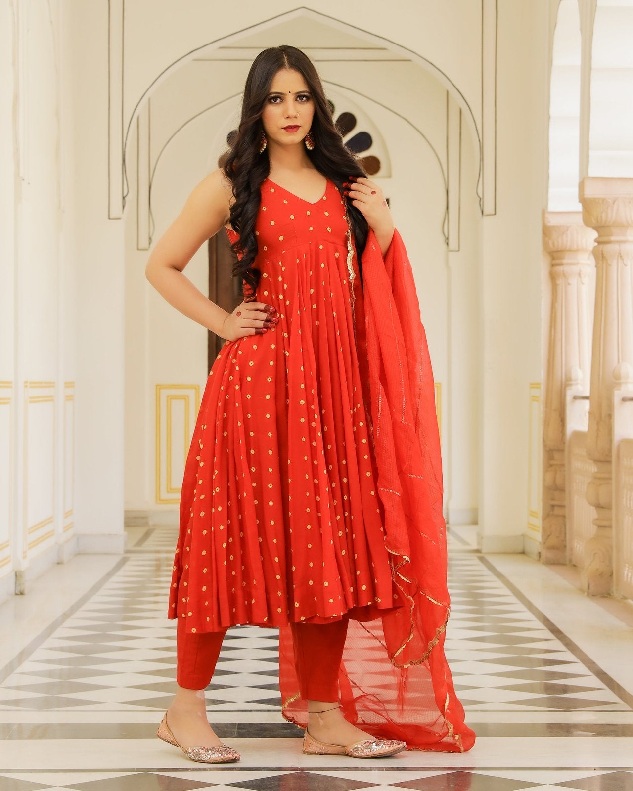 Red Bandhej Sleeveless Anarkali Suit