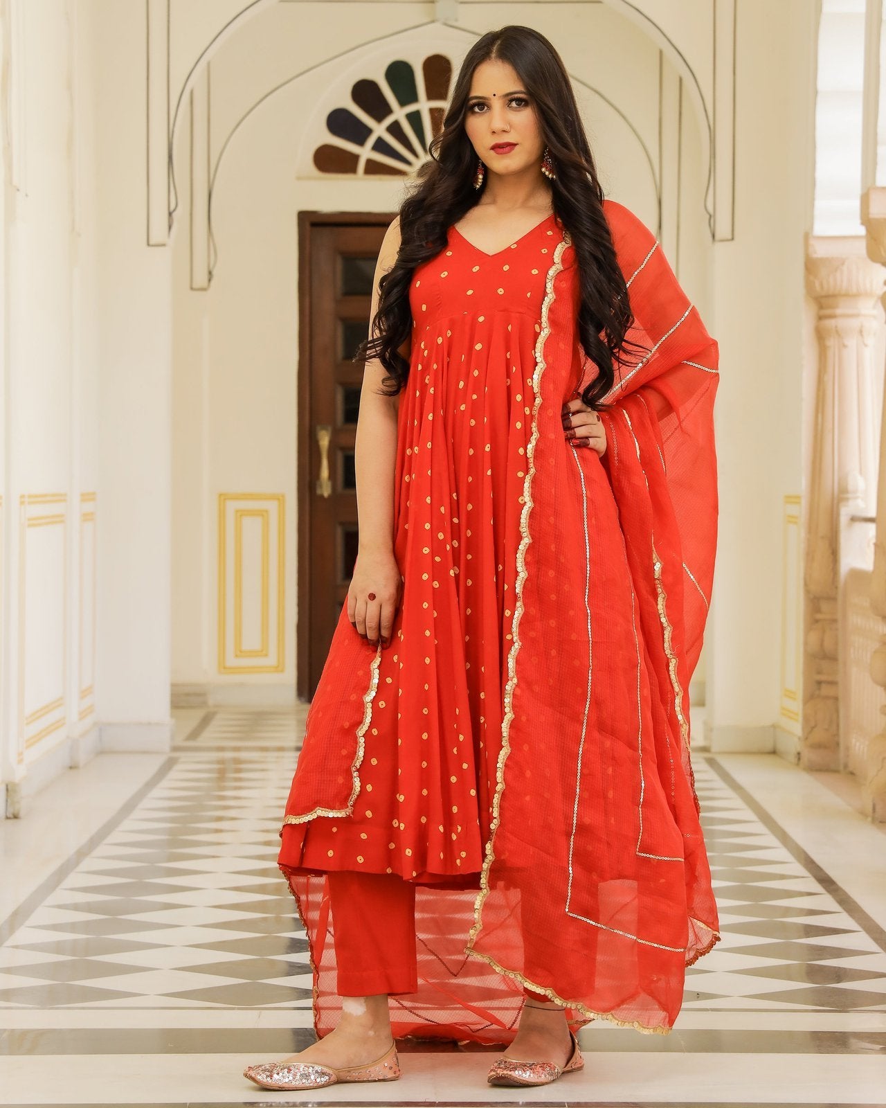Red Bandhej Sleeveless Anarkali Suit