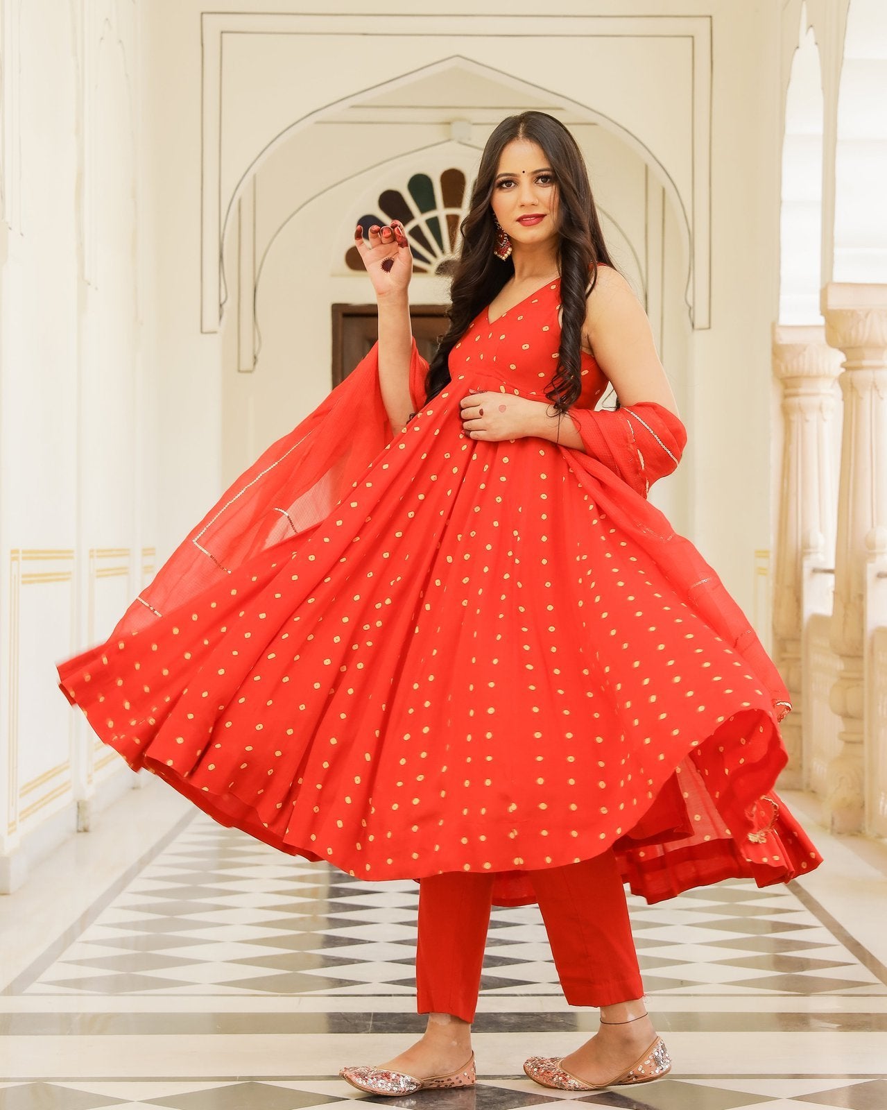 Red Bandhej Sleeveless Anarkali Suit