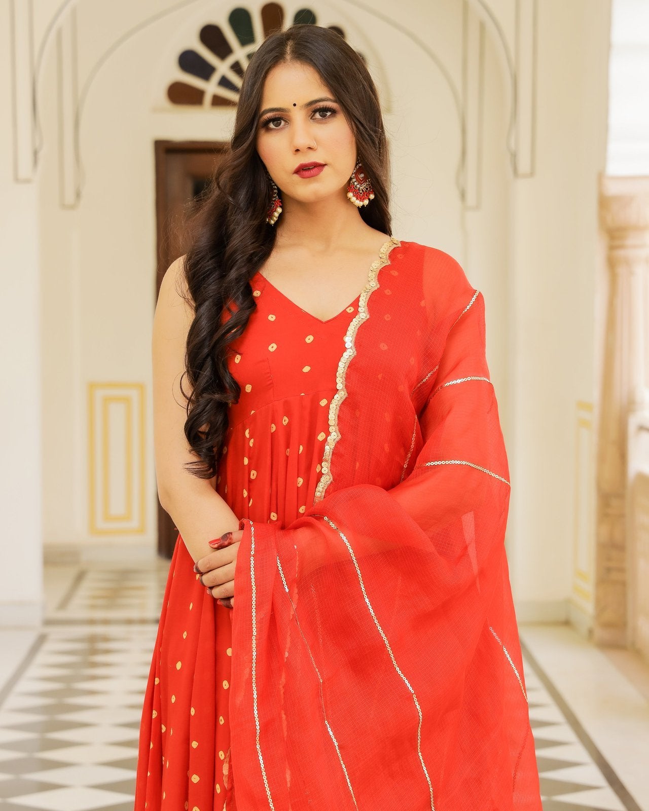 Red Bandhej Sleeveless Anarkali Suit