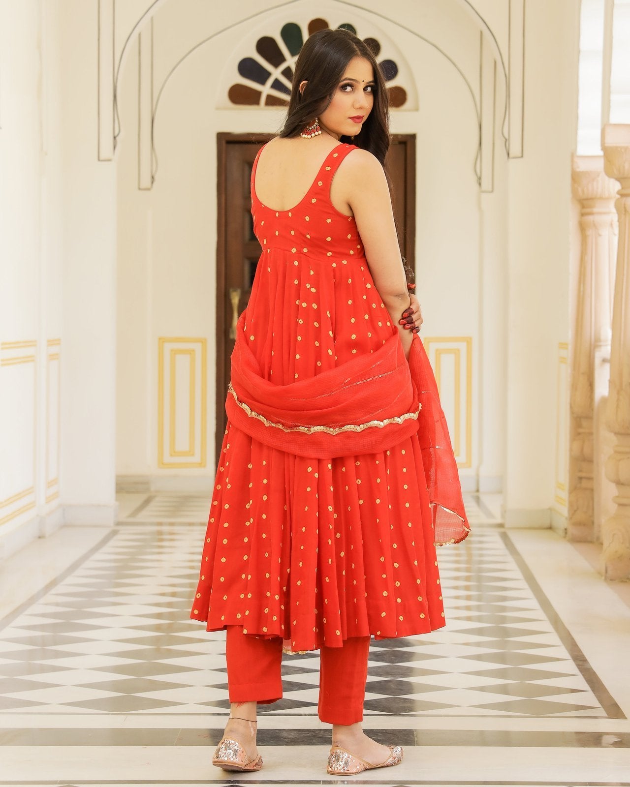 Red Bandhej Sleeveless Anarkali Suit