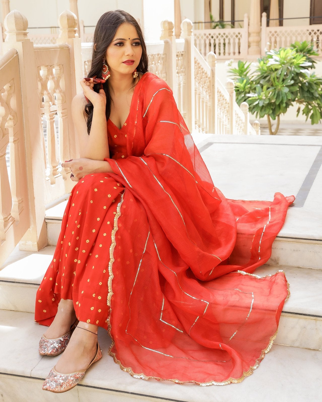 Red Bandhej Sleeveless Anarkali Suit