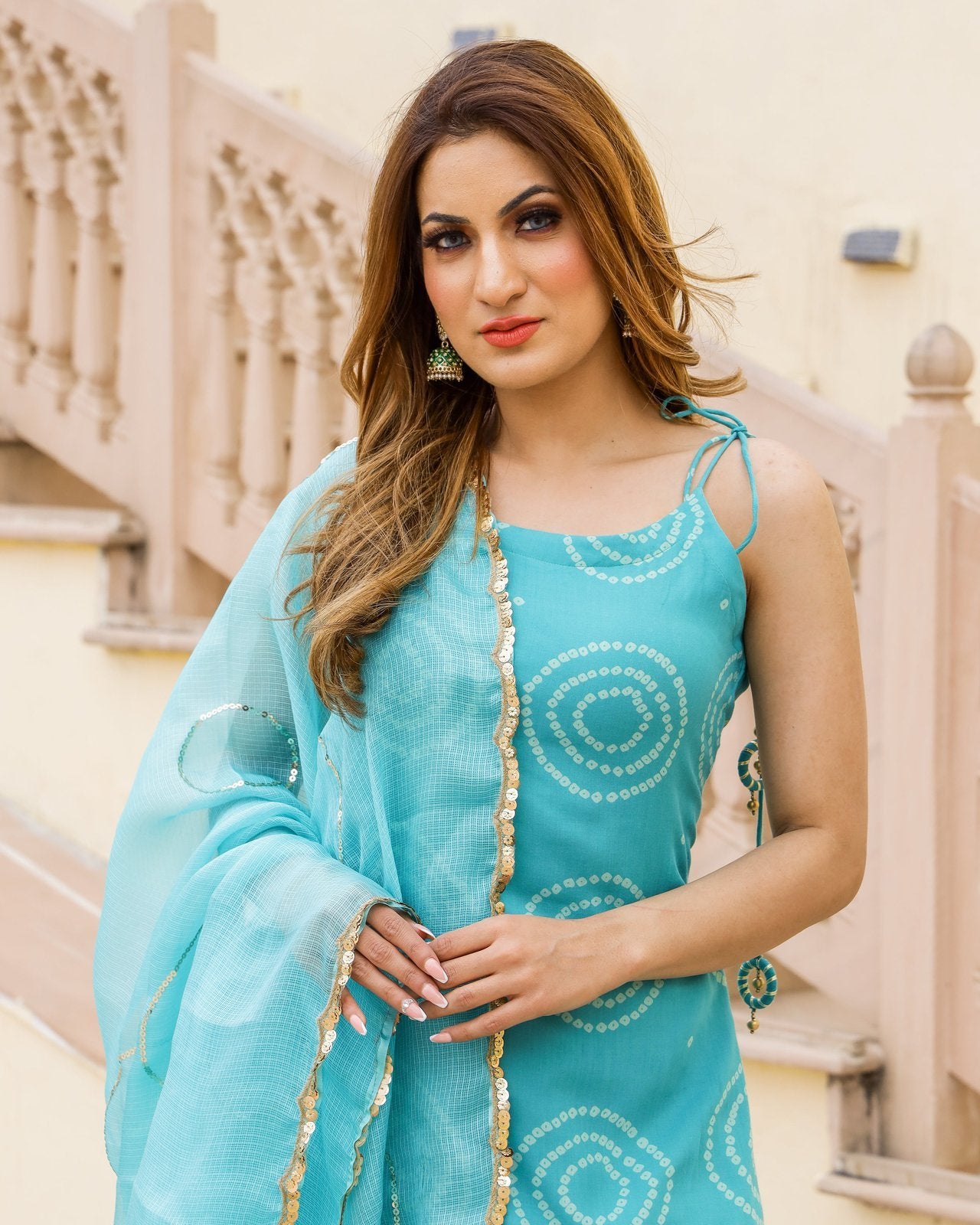 Ambar Bandhej Modal Kurta Sharara Dupatta Set