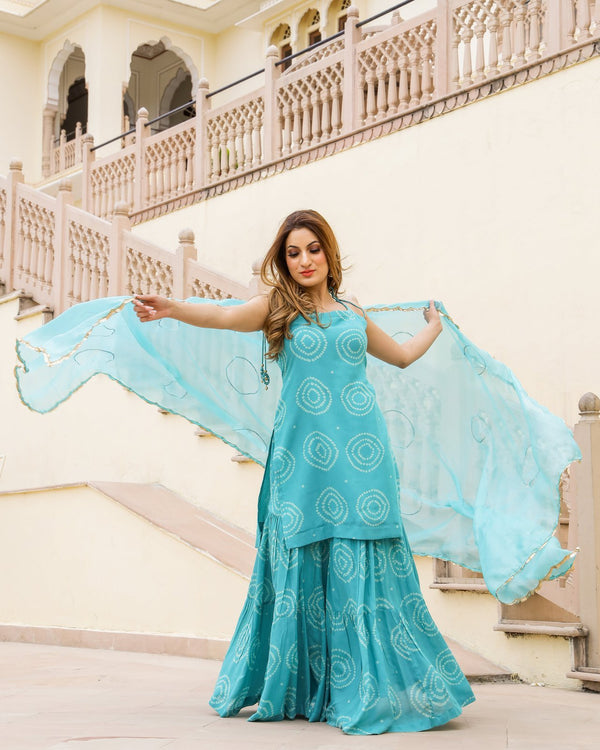 Ambar Bandhej Modal Kurta Sharara Dupatta Set