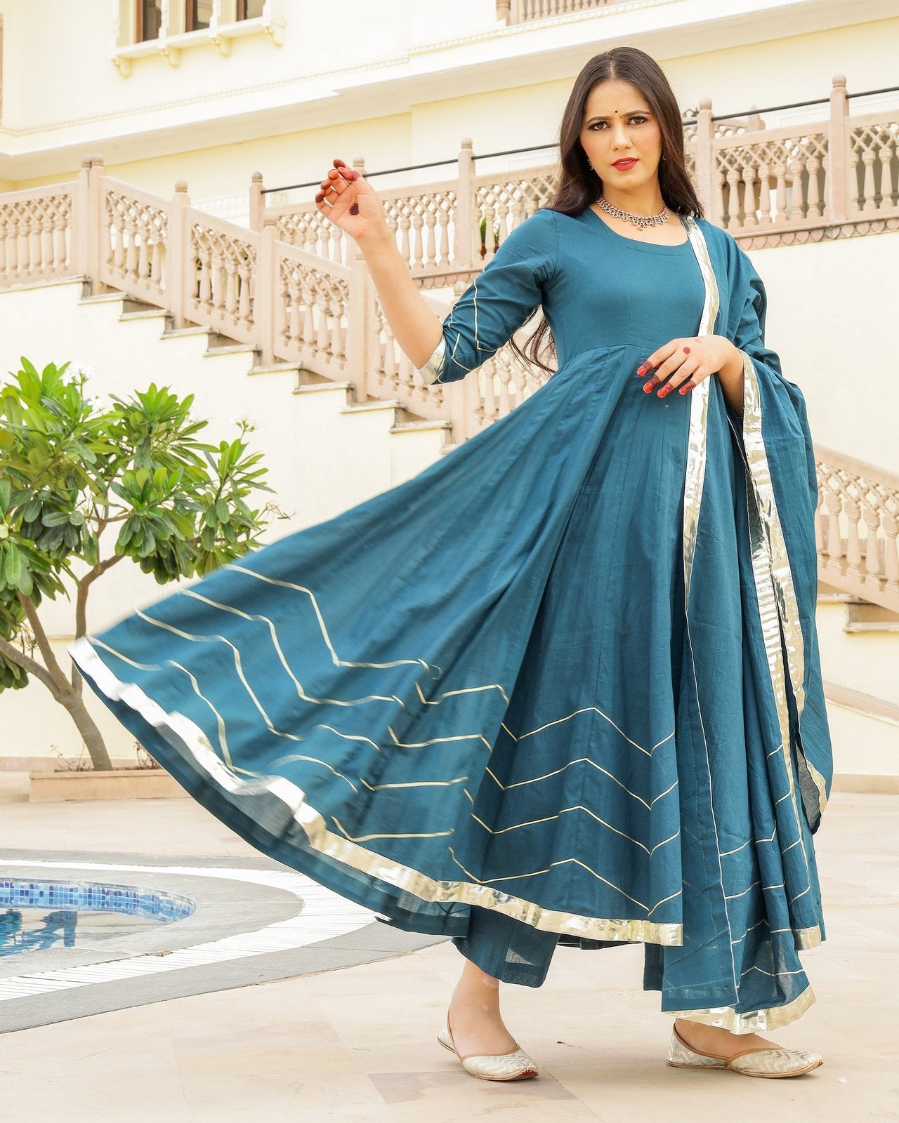 Teal Blue Gota Work Mulmul Anarkali Suit