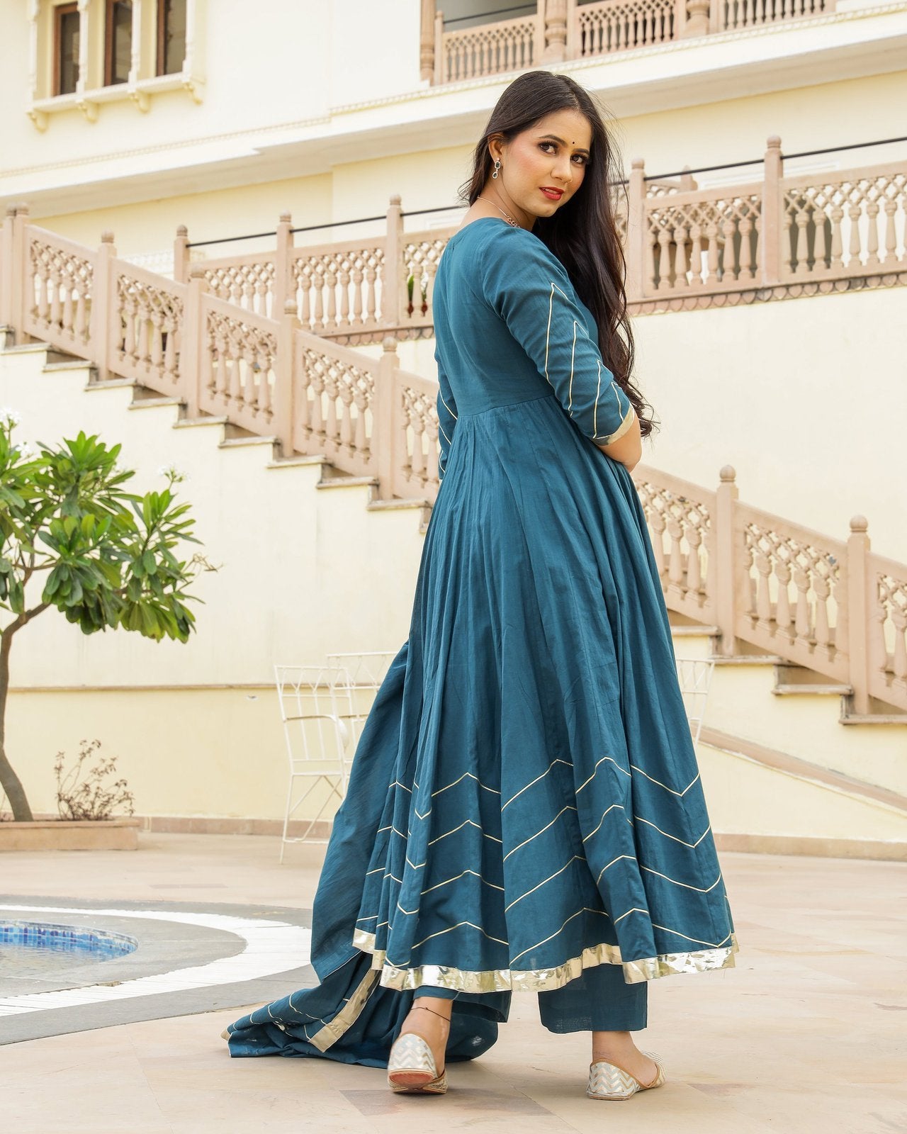 Teal Blue Gota Work Mulmul Anarkali Suit