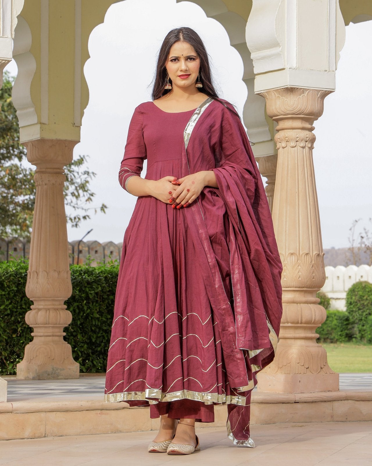 Solid Wine Mulmul Anarkali Suit